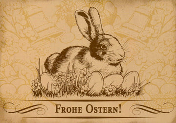 Osterkarten - Set "Frohe Ostern" - Traditionelle Hasen & Eier Motive, Frühlingsblumen Design, Vintage Grußkarte in Sepia & Pastellfarben, Festliche Ostergrüße mit Retro Schriftzug - Dekorative Postkarten