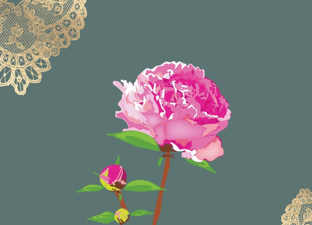 Pfingstrosen - Grüße: Elegante Vintage Postkarte mit Blumenillustration, Spitzen - Dekor in Grün & Rosa, Retro Floraldesign