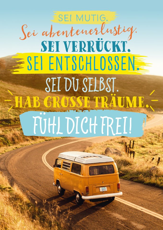 Postkarte für Abenteurer - Mut & Freiheit Spruch, Gelber Bus bei Sonnenuntergang, Inspirierende Lebensweisheit, Motivationsträume
