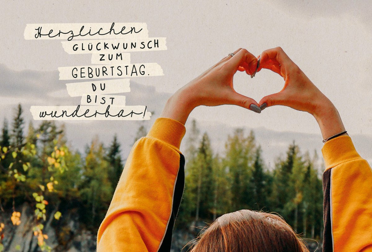 Postkarte Geburtstag Mit Händen geformtes Herz, Zuckerrohrpapier