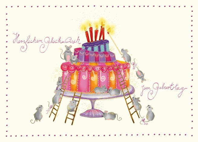 Postkarte Geburtstag Torte Mäuse Leiter