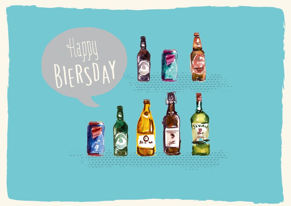 Postkarte Geburtstagspostkarten Lustige Bierkarte für Bierliebhaber mit verschiedenen Bierflaschen und Dosen auf blauem Hintergrund Perfekt für Freunde und Familie