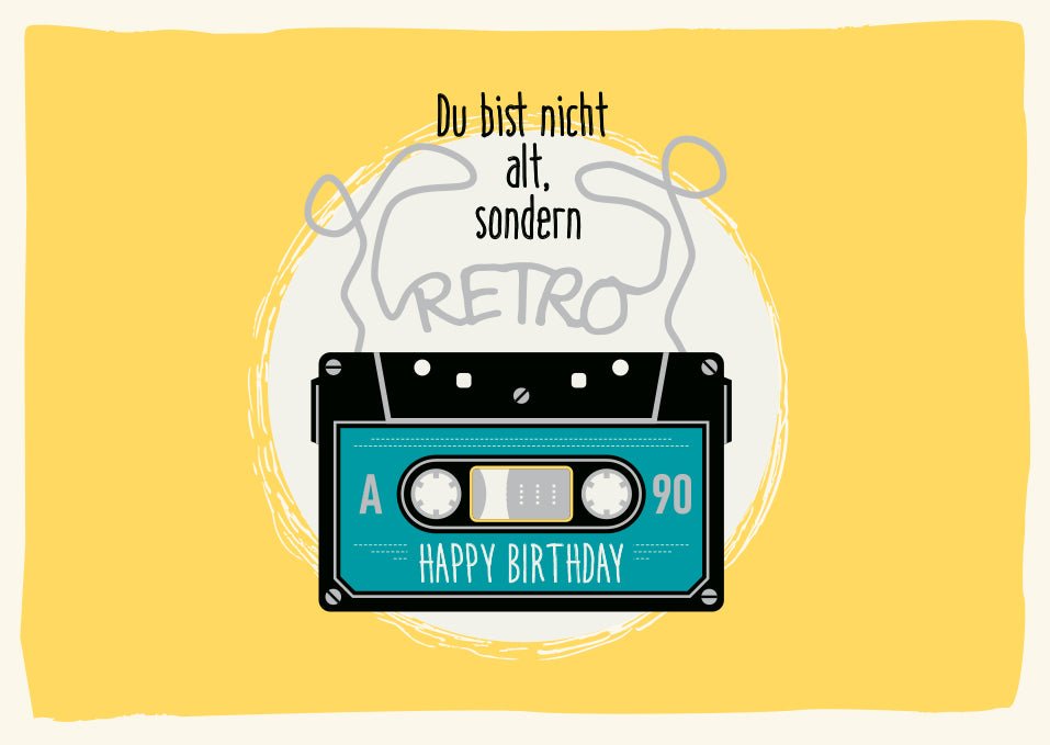 Postkarte Geburtstagspostkarten Retro Design mit Kassette und lustigem Spruch Du bist nicht alt sondern retro Perfekt für Musikliebhaber und Nostalgiefans