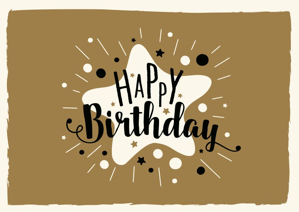 Postkarte Geburtstagspostkarten stilvolle Karte mit Happy Birthday Schriftzug auf braunem Hintergrund ideal für Erwachsene und Jugendliche mit Sternen und Punkten verziert