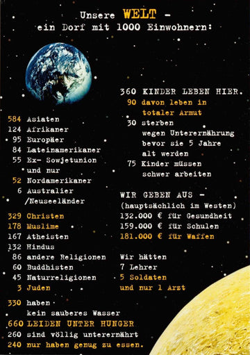 Postkarte Unsere Welt ein Dorf mit 1000 Einwohnern