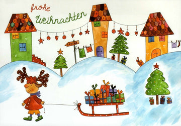 Postkarte Weihnachten Illustration 3 Häuser Schlitten