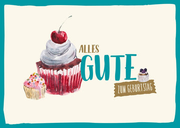 Postkarten Sprüche Alles Gute zum Geburtstag Karte mit Cupcake und Kirsche für Geburtstagsgrüße an Freunde Familie oder Kollegen bunte Illustration mit Muffins und Schriftzug