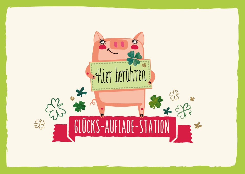 Postkarten Sprüche Glücksbringer Karte mit süßem Schwein und Kleeblättern für Freunde Familie oder Kollegen Humorvolle Aufmunterung mit Glücks - Auflade - Station Design