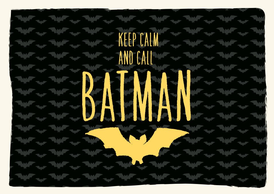 Postkarten Sprüche Keep Calm and Call Batman Karte mit gelbem Schriftzug auf schwarzem Hintergrund ideal für Superhelden Fans und Comic Liebhaber mit Fledermaus Symbol und coolem Design