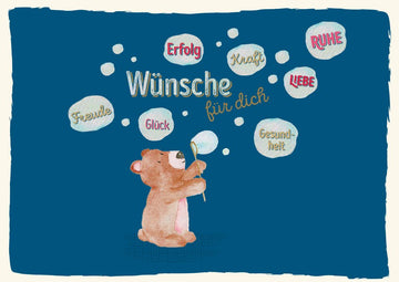 Postkarten Sprüche Wünsche für dich Bär mit Seifenblasen voller positiver Begriffe wie Erfolg Kraft Ruhe Liebe Freunde Glück Gesundheit Ideal für Freunde und Familie