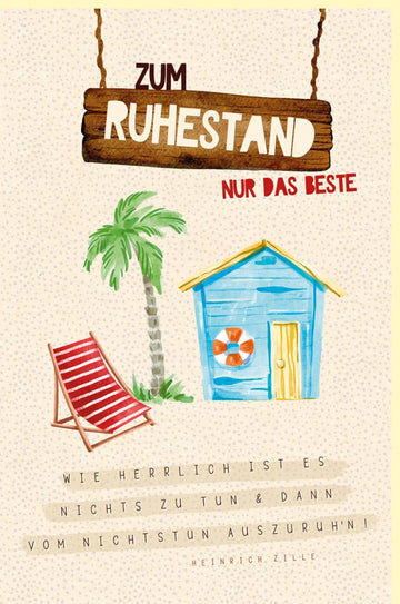 Ruhestand Abschiedskarte aus Zuckerrohrpapier - Glückwünsche zur Rente, Erholung am Strand mit Palmen & Liegestuhl Motiv - Relax Ruhestandskarte für Pensionierung und Abschied vom Berufsleben