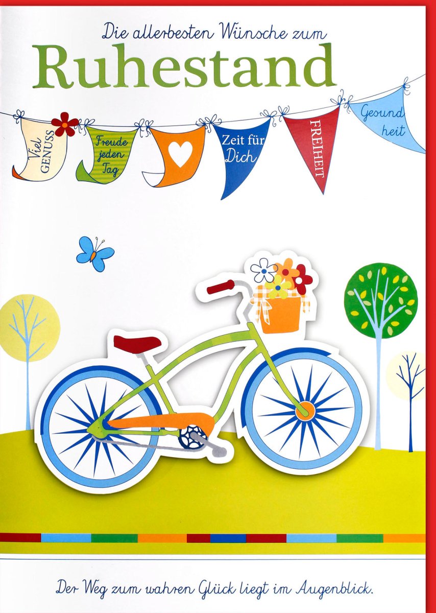 Ruhestandskarte A4 Maxi XXL - Bunte Fahrrad Glückwünsche zur Rente, Abschiedskarte Großformat mit Wimpelkette, Natur & Baum Motiv - Herzliche Freizeit Geschenkkarte