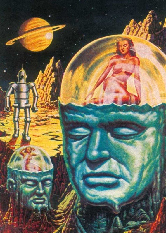 Sci - Fi Retro Weltraum Postkarte – Vintage Planeten & Roboter Illustration, Futuristische Kunst mit Frau, Fantasievolles Sci - Fi Design