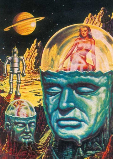 Sci - Fi Retro Weltraum Postkarte – Vintage Planeten & Roboter Illustration, Futuristische Kunst mit Frau, Fantasievolles Sci - Fi Design