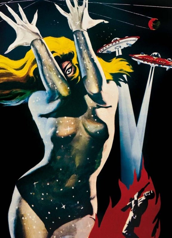 Sci - Fi Vintage Postkarte – Retro Weltraum Monster & UFO, Frau in B - Movie Kunst, Kult Nostalgie Sammlerstück & Geschenk