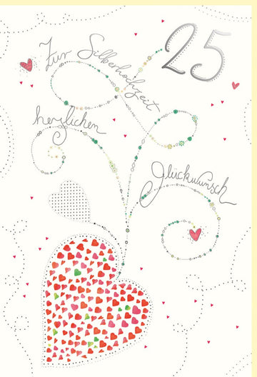 Silberhochzeit Glückwunschkarte – Elegante Doppelkarte mit Herzdesign, Naturkarton & Silberfolie, Blindprägung für 25 Jahre Jubiläum, Liebevoll für Ehepartner & Paare, Romantisch Rot & Weiß