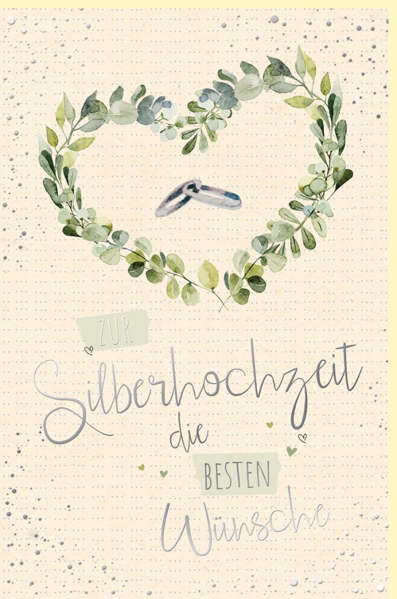 Silberhochzeit Glückwunschkarte - Elegante Hochzeitskarte aus Zuckerrohrpapier mit Ringen, Herz & Blättern für 25 Jahre Ehejubiläum, Umweltfreundliches Design, Handgemacht und Stilvoll für Paare, Grün - Weiß