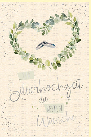 Silberhochzeit Glückwunschkarte - Elegante Hochzeitskarte aus Zuckerrohrpapier mit Ringen, Herz & Blättern für 25 Jahre Ehejubiläum, Umweltfreundliches Design, Handgemacht und Stilvoll für Paare, Grün - Weiß