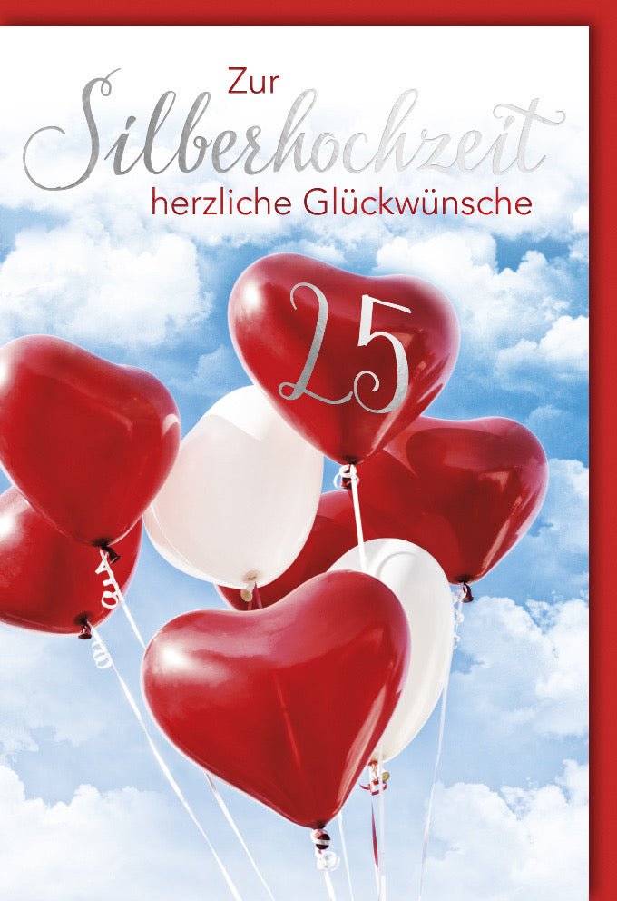 Silberhochzeit Glückwunschkarte – Elegante Jubiläum Hochzeitskarte für 25 Jahre Ehejubiläum mit Herzballons, Liebe & Feier Motiven – Anniversary Gratulation
