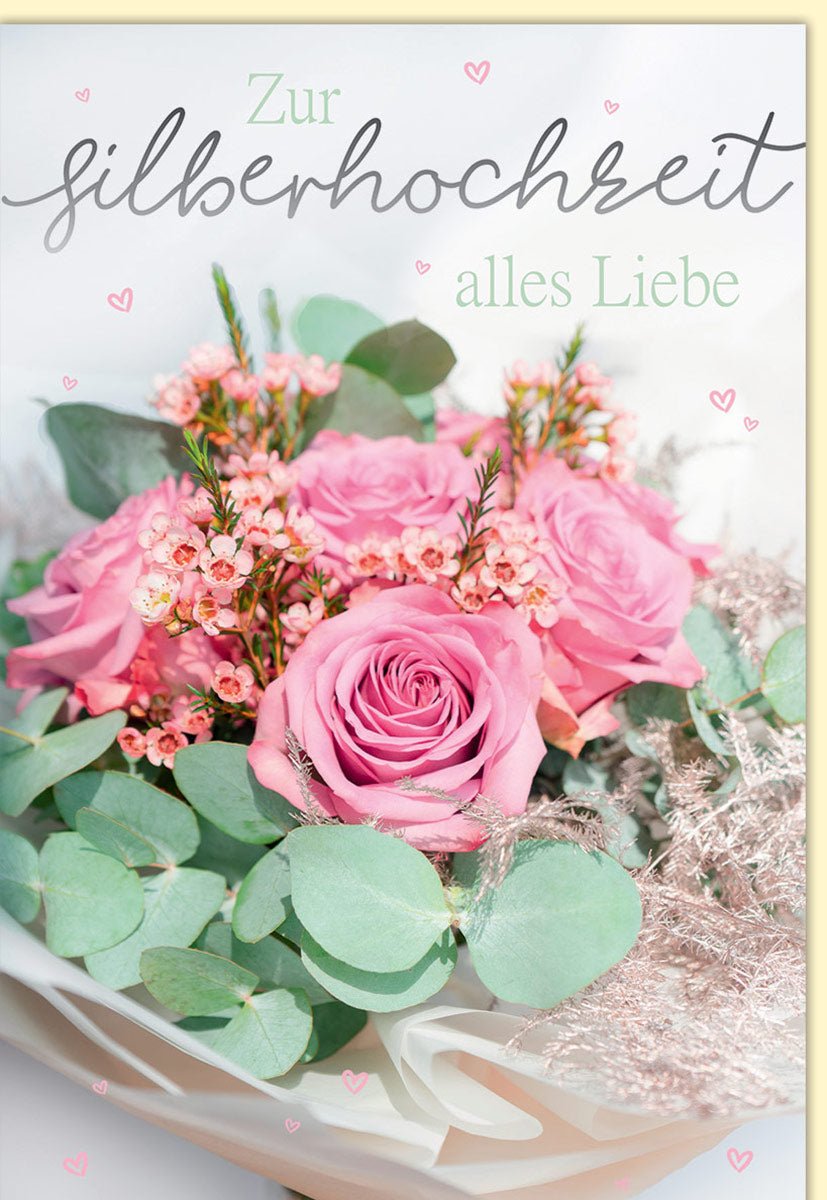 Silberhochzeit Glückwunschkarte mit rosa Blumenstrauß und grünen Blättern Text Zur Silberhochzeit alles Liebe mit kleinen Herzen auf der Vorderseite mit Umschlag