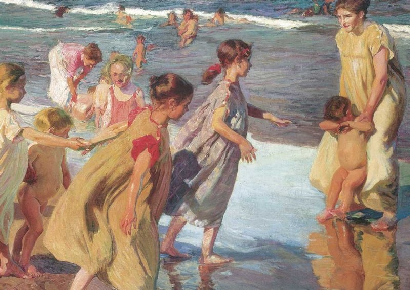 Sommerurlaub am Meer - Vintage Kunstpostkarte mit Joaquin Sorolla Gemälde, Kinder Spiel am Strand, Impressionismus, Familie & Natur