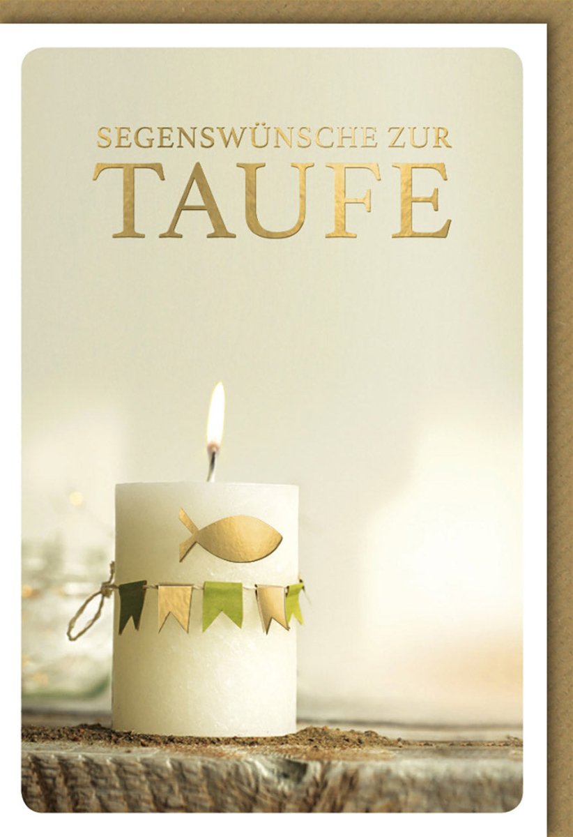 Taufe Glückwunschkarte mit Segenswünschen - Veredelte Doppelkarte in Creme & Gold, Christliche Taufkarte mit Kerzen - & Fischsymbol, Religiöses Taufgeschenk für Patenkind & Eltern, Neutrales Design