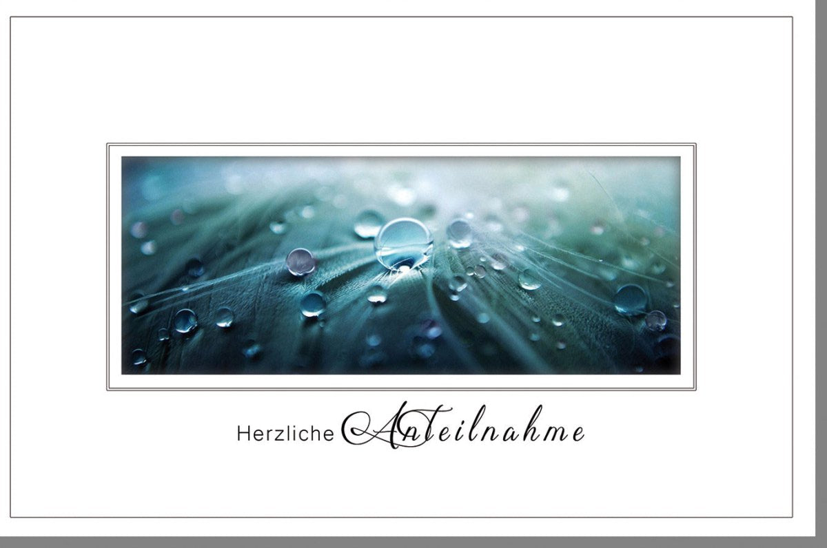 Trauerkarte Beileid & Anteilnahme - Stilvolle Kondolenz Doppelkarte mit Wassertropfen & Naturblatt Motiv, Schlichtes Design, Aufgeklebtes Stanzteil, Geschmackvoll & Dezent für Trauerfall und Verlust