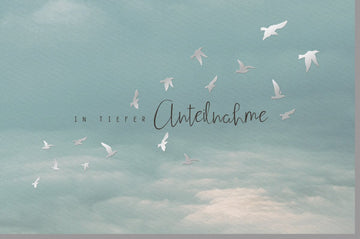 Trauerkarte Beileid mit Himmelsmotiv - Anteilnahme Doppelkarte, Vögel & Spruch, Kondolenz Mitgefühl Abschied Gedenken, Friedvoller Trost für Angehörige und Freunde in Pastell Blau Grün