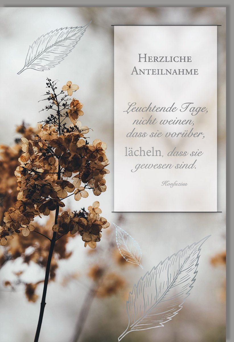 Trauerkarte Beileid mit Konfuzius Spruch - Elegante Doppelkarte mit Blütenzweig & Silberfolie auf Pergament, Stilvolle Anteilnahme & Gedenken, Abschiedskarte für Erwachsene und Senioren, Farbe Weiß/Beige