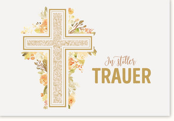 Trauerkarte Beileidskarte - Stilvolle Kondolenz Doppelkarte mit Kreuz & Blumen Illustration, Christliche Anteilnahme beim Abschied