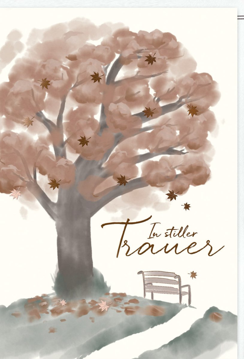 Trauerkarte Doppelkarte - Beileidskarte mit Skorpion - Motiv, Gedenkkarte für Abschied & Beisetzung, Naturdesign mit Baum, Stille & Herbstblättern, Friedhofsbank - Szenerie
