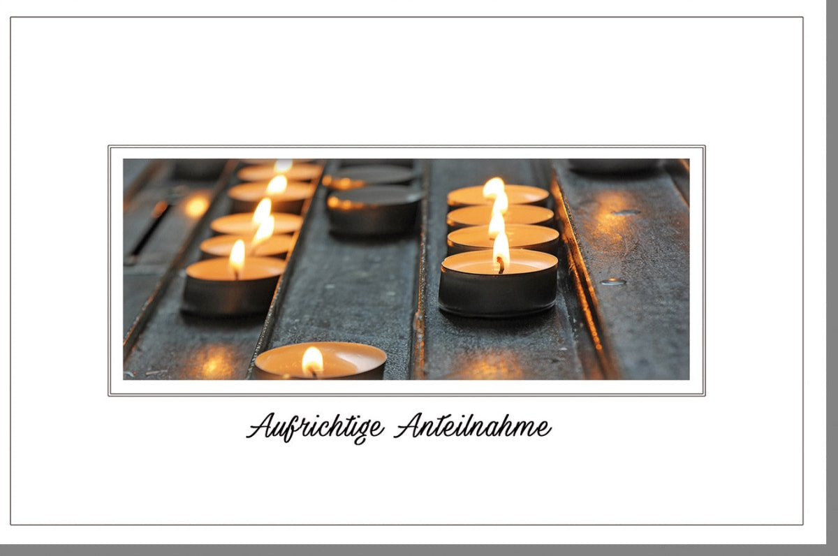 Trauerkarte Doppelkarte mit Teelichtern - Elegante Beileidskarte zur Anteilnahme, stilvolle Kondolenzkarte mit Stanzteil, handgefertigt in Schwarz & Orange, pietätvoll für Abschied & Gedenken, hochwertige Qualität für Erwachsene und Senioren