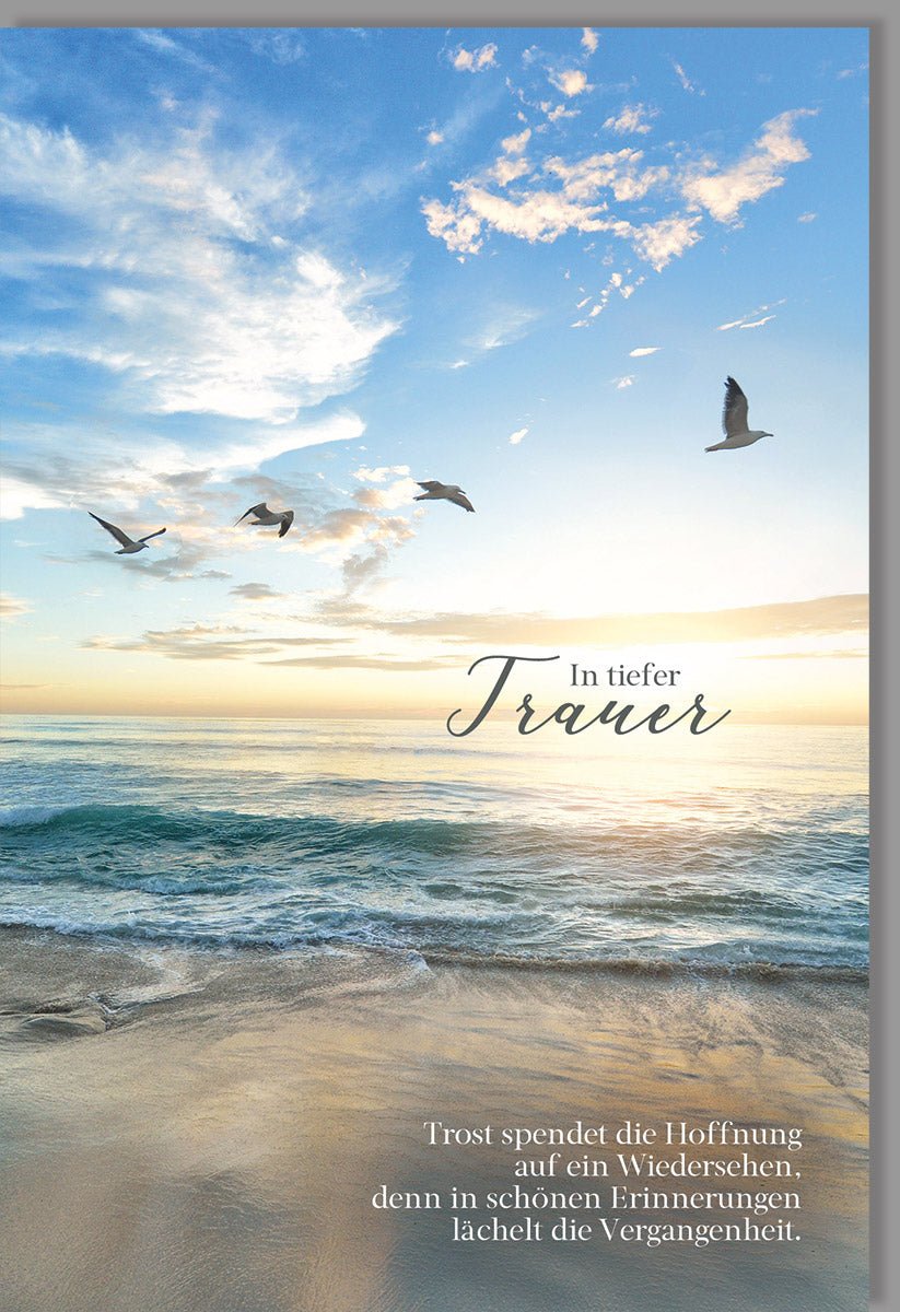 Trauerkarte Doppelkarte mit Umschlag - Möwen am Strand Sonnenuntergang Design, Trost & Beileid Kondolenzkarte, Erinnerung Abschied, Hoffnung & Frieden, Natur Meer Himmel Motiv in Blau Beige für Angehörige und Freunde
