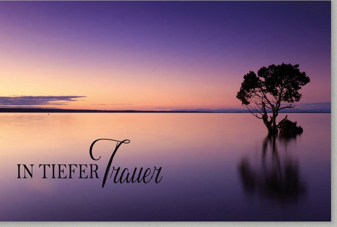 Trauerkarte Doppelkarte - Stilvolle Anteilnahme & Trost im Trauerfall, Baum & Wasser Motiv bei Sonnenuntergang, Einfühlsame Beileidskarte mit Naturdesign für Frieden und Ruhe