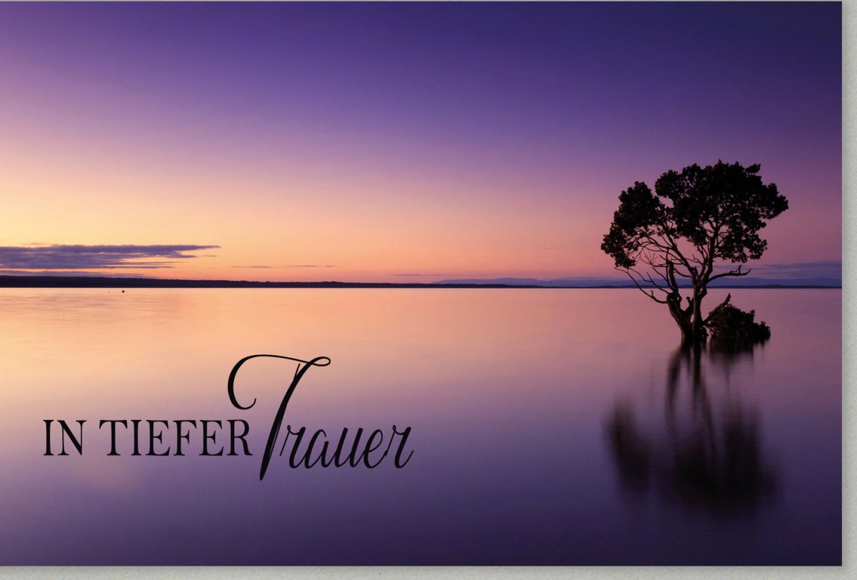 Trauerkarte Doppelkarte - Stilvolle Anteilnahme & Trost im Trauerfall, Baum & Wasser Motiv bei Sonnenuntergang, Einfühlsame Beileidskarte mit Naturdesign für Frieden und Ruhe