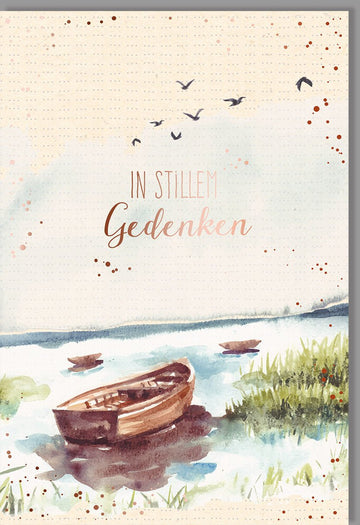 Trauerkarte Kondolenzkarte Beileidskarte In stillem Gedenken mit Boot auf Wasser und Vögeln im Himmel Aquarellstil mit Umschlag