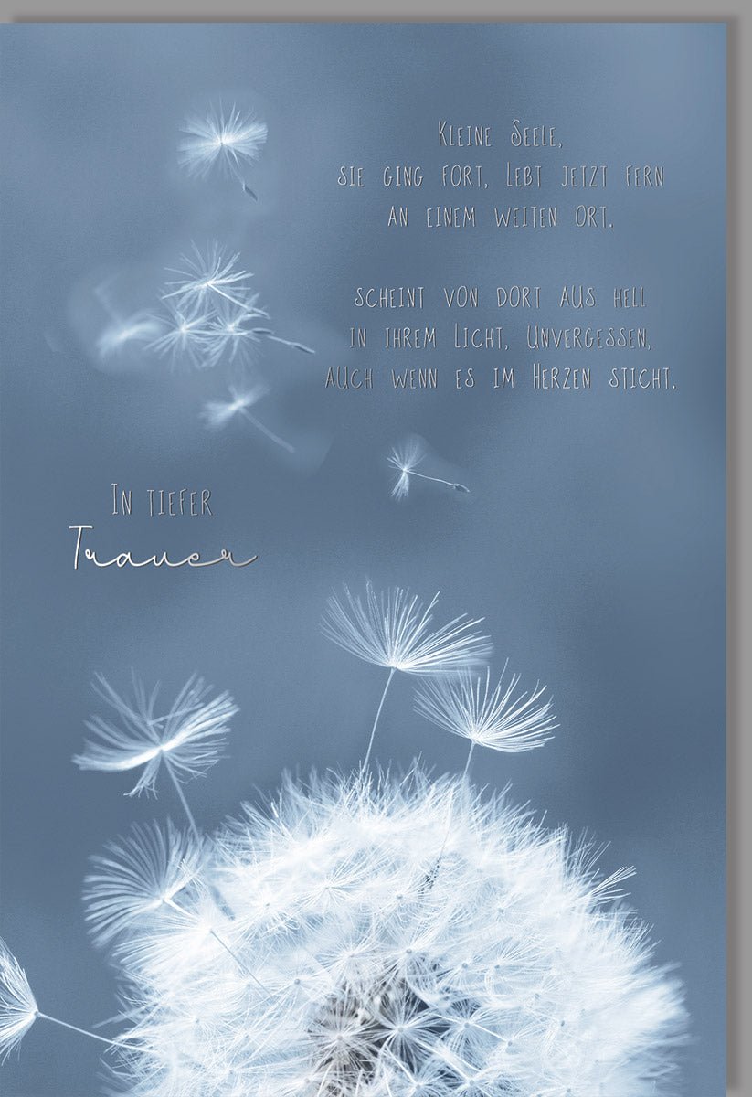 Trauerkarte Sternenkind Pusteblume - Beileidskarte mit Silberfolie, Kondolenzkarte zum Abschied und Trost im Trauerfall, Anteilnahme für Eltern & Angehörige, Himmelblau Gedenkkarte mit Mitgefühl