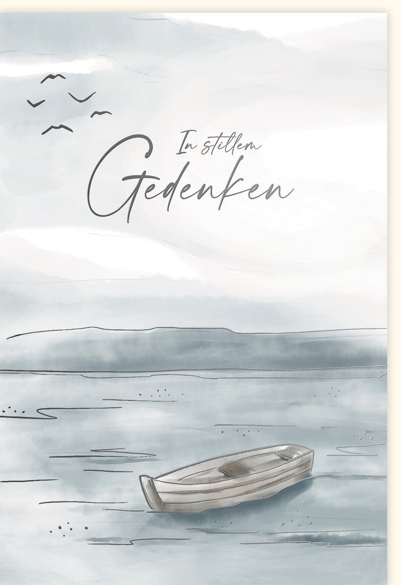 Trauerkarte "Stille des Sees" - Beileidskarte mit Skorpion Illustration, Boot & Frieden Motiv, Gedenkkarte für Anteilnahme und Trost