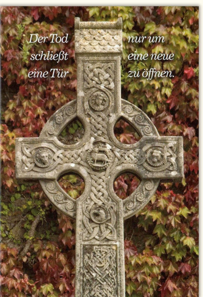 Trauerkarte zum Abschied: Beileid & Anteilnahme, Kondolenz mit Spruch, Kreuz & Herbstlaub - Pietätvolles Gedenken bei Verlust