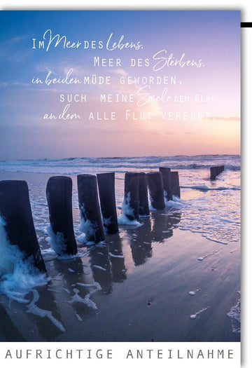 Trauerkarte zum Abschied - Meer & Sonnenuntergang mit Holzpfählen, Anteilnahme & Trost, Gedenkkarte von Galerie Dominique