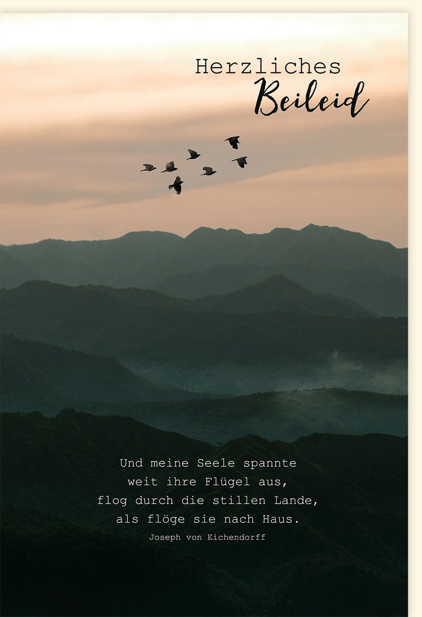 Trauerkarte zur Anteilnahme - Doppelkarte mit Sonnenuntergang, Bergen & Vögeln - Stille Besinnung & Seelenfrieden Motiv - Poesie der Natur für Trost, Hoffnung und Gedenken in Zeiten des Abschieds