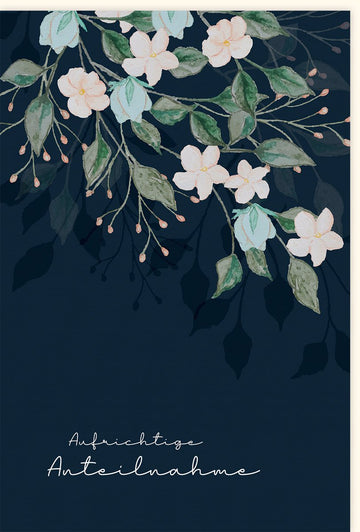 Trauerkarte zur Anteilnahme - Elegante Beileidskarte mit stilvollem, floralem Design in Dunkelblau, Schlichte Kondolenzkarte für stilvolles Gedenken und pietätvollen Abschied