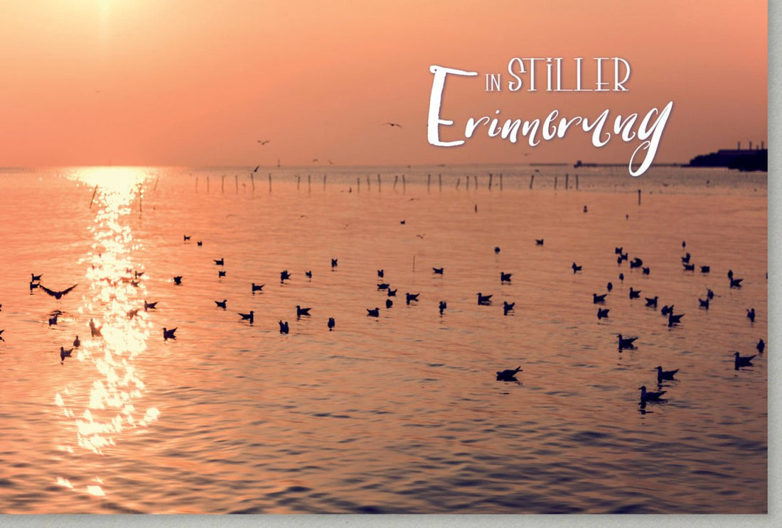 Trauerkarte zur Anteilnahme - Stille Erinnerung mit Sonnenuntergang, Meer & Vögeln - Kondolenzkarte für Abschied & Frieden