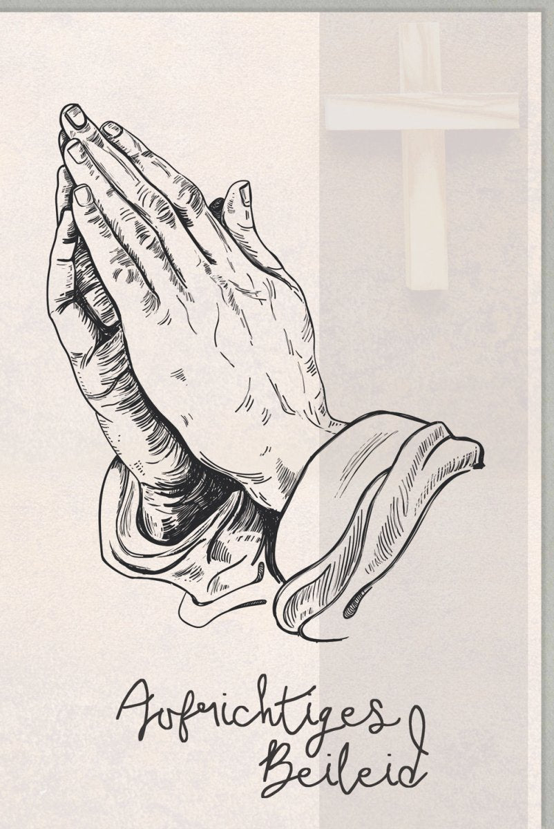 Trauerkarte zur Anteilnahme - Stilvolle Beileid Doppelkarte mit betenden Händen, Schlichter Kondolenz Gruß, Christlicher Glaube & Trost