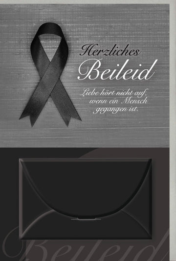 Trauerkarte zur Anteilnahme: Stilvolle Beileid Doppelkarte mit Trauerschleife, Schlicht Schwarz, Text für Liebe & Gedenken