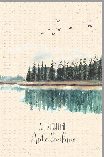 Trauerkarte/Doppelkarte - Beileidskarte mit Wald - und Seemotiv, Umweltfreundlich aus Zuckerrohrpapier, Öko Green Line, Nachhaltige Kondolenzkarte mit Aufrichtiger Anteilnahme, Natur & Skorpion Design, Trauertexte & Trauerdruck