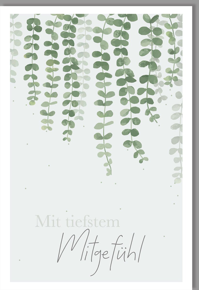 Trauerkarte/Doppelkarte für Beileid & Anteilnahme - Elegante Kondolenzkarte mit Blätterranken, Naturdesign in Grün, Stilvolle Gedenkkarte zum Abschied, Schlichte Trauerfall - Karte für Angehörige und Freunde