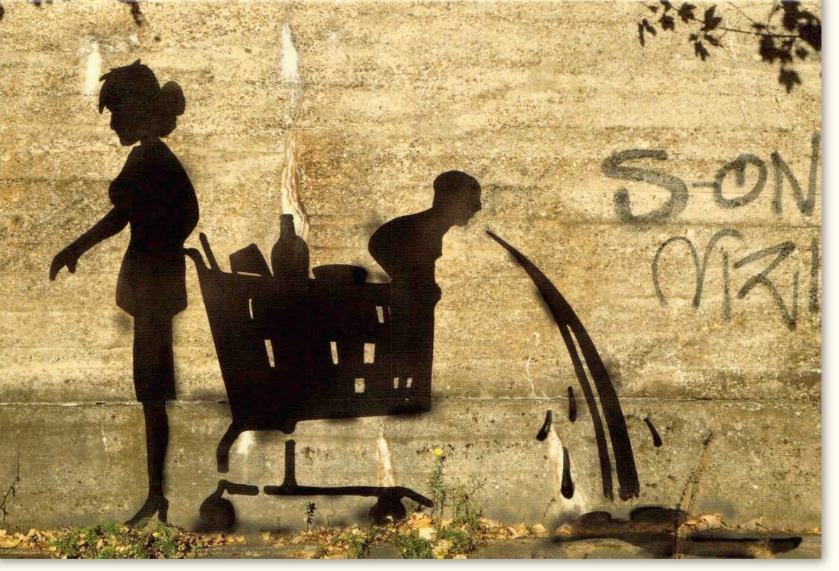 Urban Street Art Graffiti Schablone Silhouette Einkaufswagen - Kreative Blankokarte für Anlässe, Geschenke & Wandgestaltung - Spraypaint Schattenspiel Streetstyle Doppelkarte