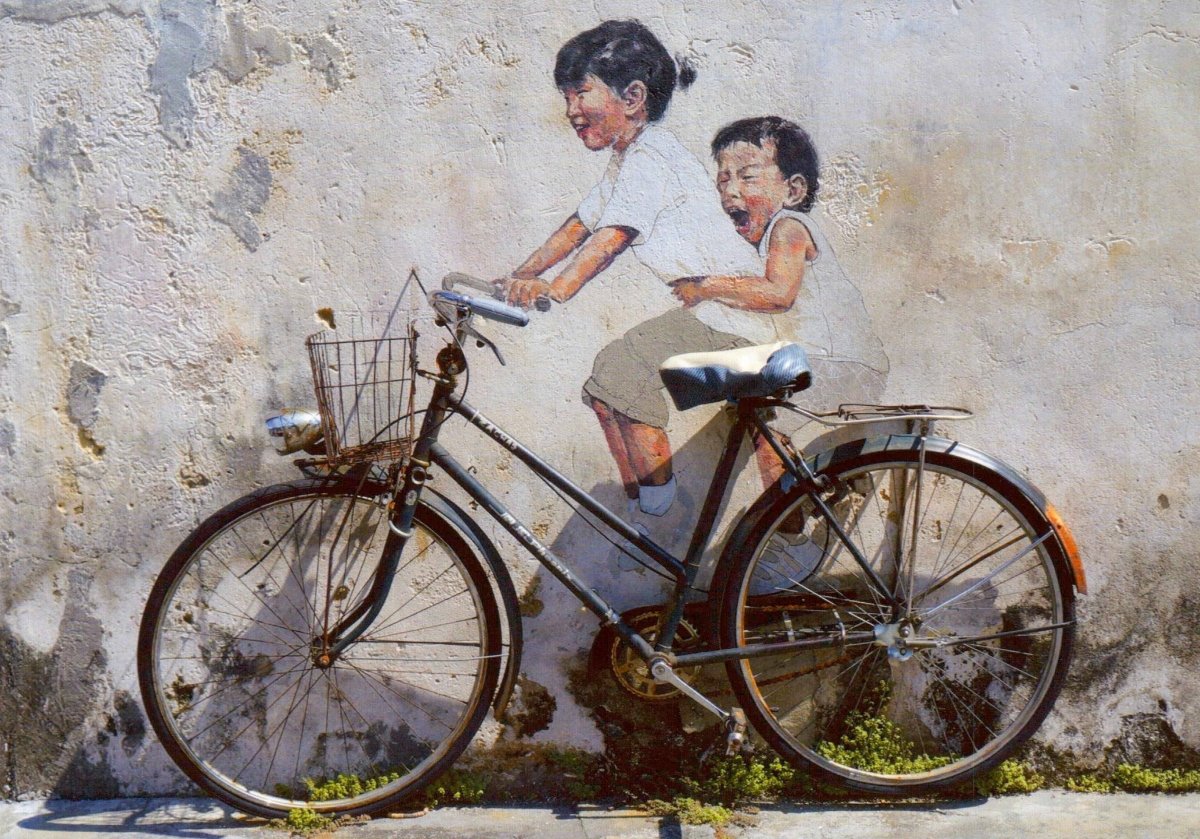 Urban Streetart Fahrrad Kinder - Kreative Wandmalerei Postkarte, Realistische Urban Kunst Szene, Blanko Illustration für Outdoor Kultur Fans