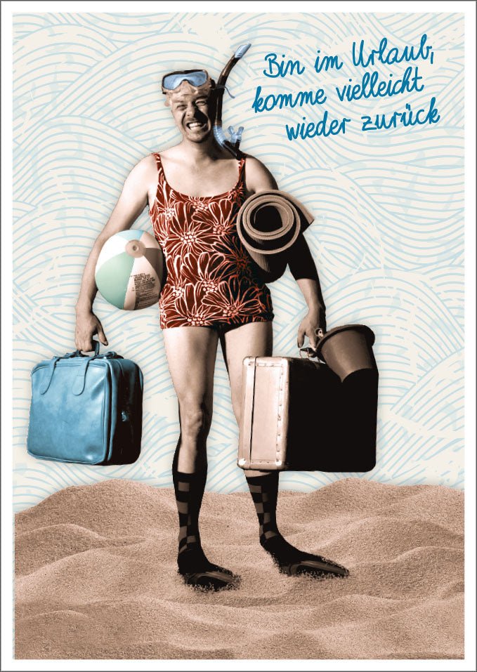 Urlaub & Reise Lustige Retro Postkarte - Vintage Humor mit Spruch, Badeanzug & Koffer Motiv, Strand Meer Sonnenbrille & Hut Design, Witziger Urlaubsgruß